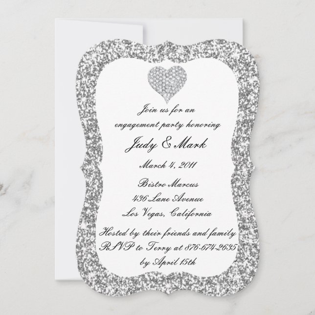 Silver Glitter Diamond Heart Engagement Party Invitation (Front)