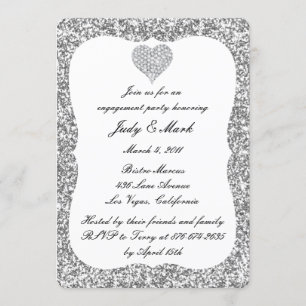 Silver Glitter Diamond Heart Engagement Party Invitation