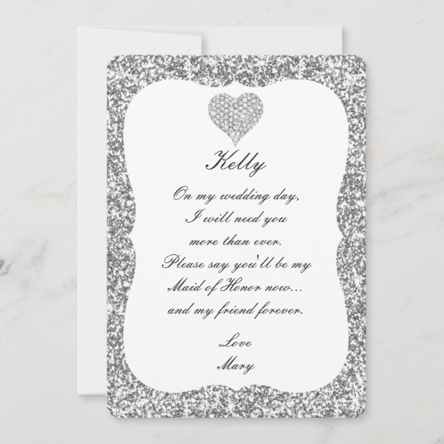 Silver Glitter Diamond Heart Maid Of Honour Card (Front)