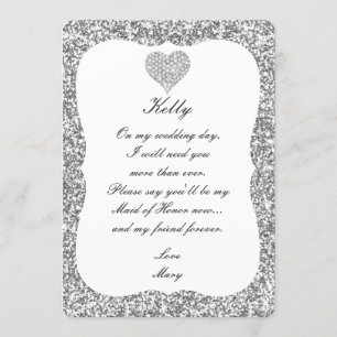 Silver Glitter Diamond Heart Maid Of Honour Card