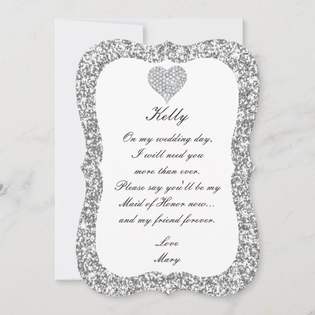 Silver Glitter Diamond Heart Maid Of Honour Card (Front)