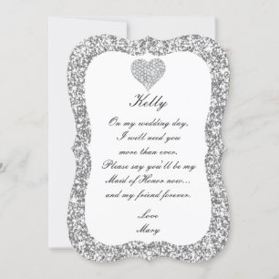Silver Glitter Diamond Heart Maid Of Honour Card