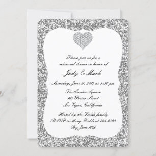 Silver Glitter Diamond Heart Rehearsal Dinner Invitation