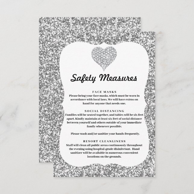Silver Glitter Diamond Heart Safety Measures Enclosure Card (Front/Back)