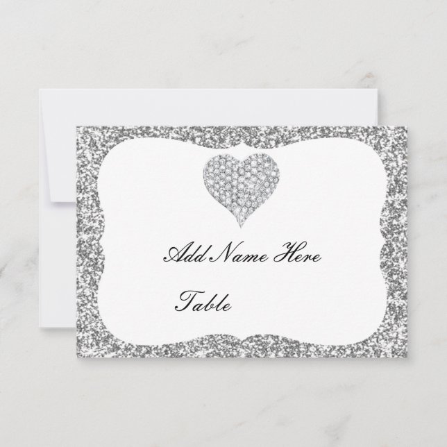 Silver Glitter Diamond Heart Table Place Card (Front)