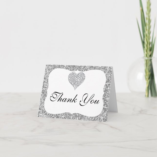 Silver Glitter Diamond Heart Thank You Card (Front)