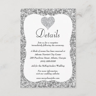 Silver Glitter Diamond Heart Wedding Details Enclosure Card