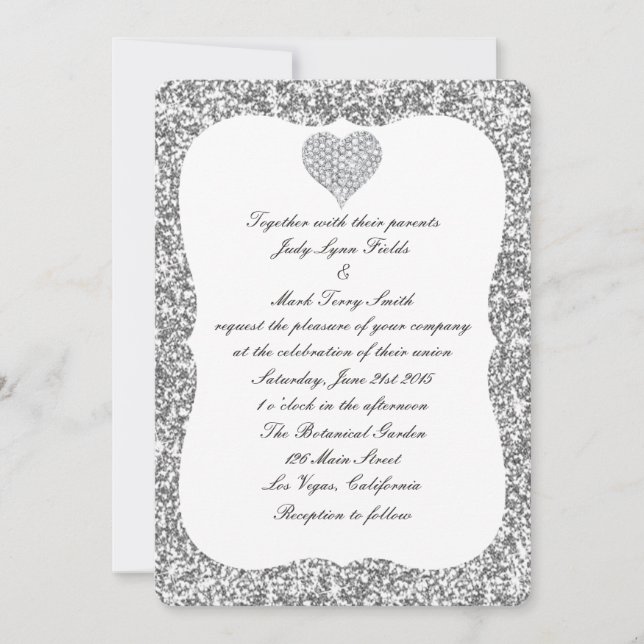 Silver Glitter Diamond Heart Wedding Invitation (Front)