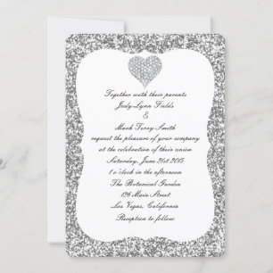 Silver Glitter Diamond Heart Wedding Invitation