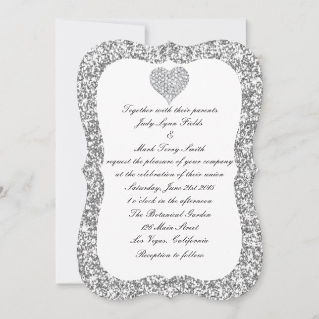 Silver Glitter Diamond Heart Wedding Invitation (Front)