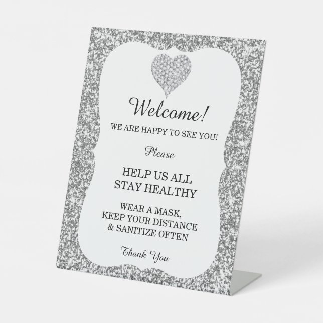 Silver Glitter Diamond Heart Wedding Safety  Pedestal Sign (Front)
