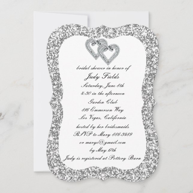 Silver Glitter Diamond Hearts Bridal Shower Invite (Front)
