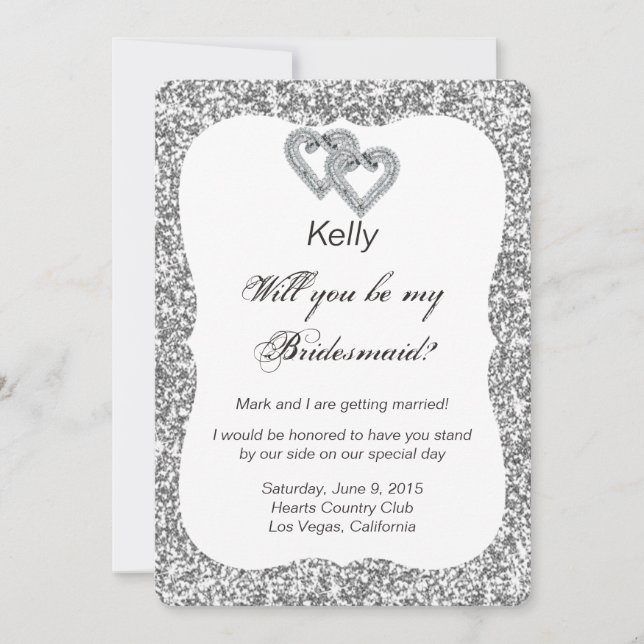 Silver Glitter Diamond Hearts Bridesmaid Card (Front)