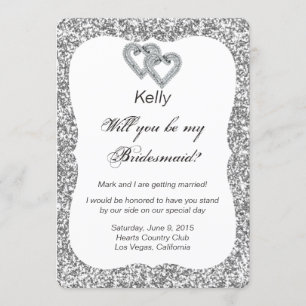 Silver Glitter Diamond Hearts Bridesmaid Card