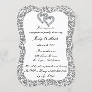 Silver Glitter Diamond Hearts Engagement Party Invitation
