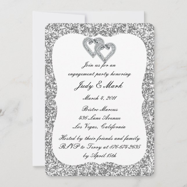 Silver Glitter Diamond Hearts Engagement Party Invitation (Front)