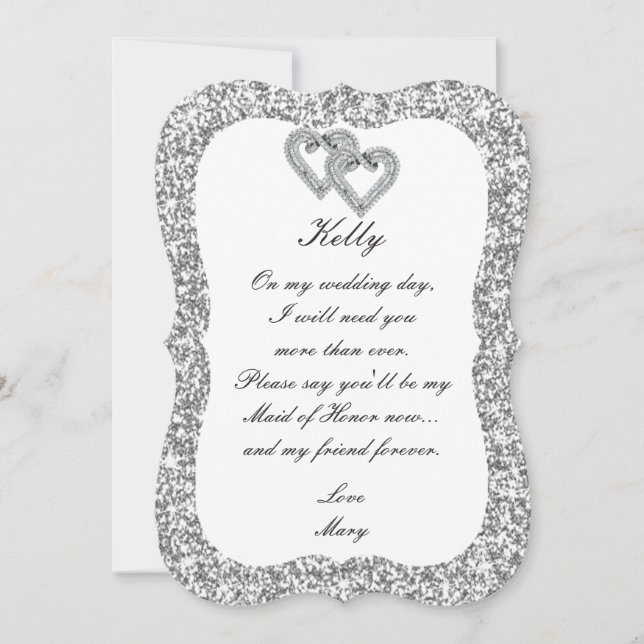 Silver Glitter Diamond Hearts Maid Of Honour Card (Front)