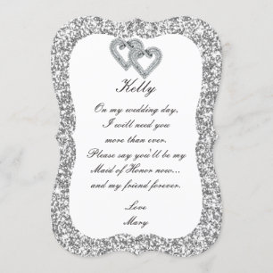Silver Glitter Diamond Hearts Maid Of Honour Card