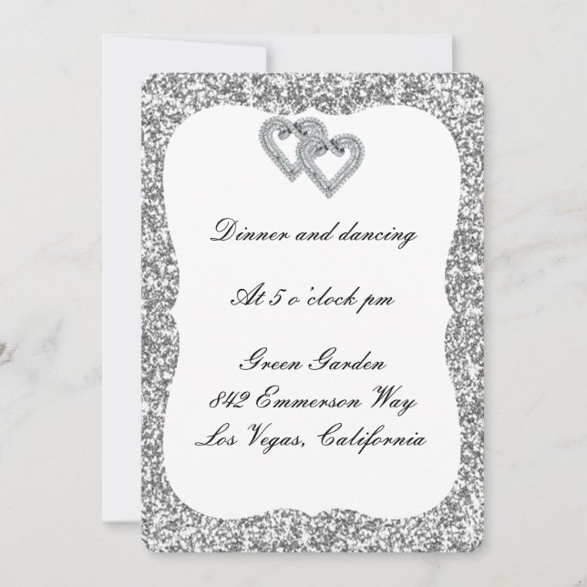 Silver Glitter Diamond Hearts Reception Card (Front)