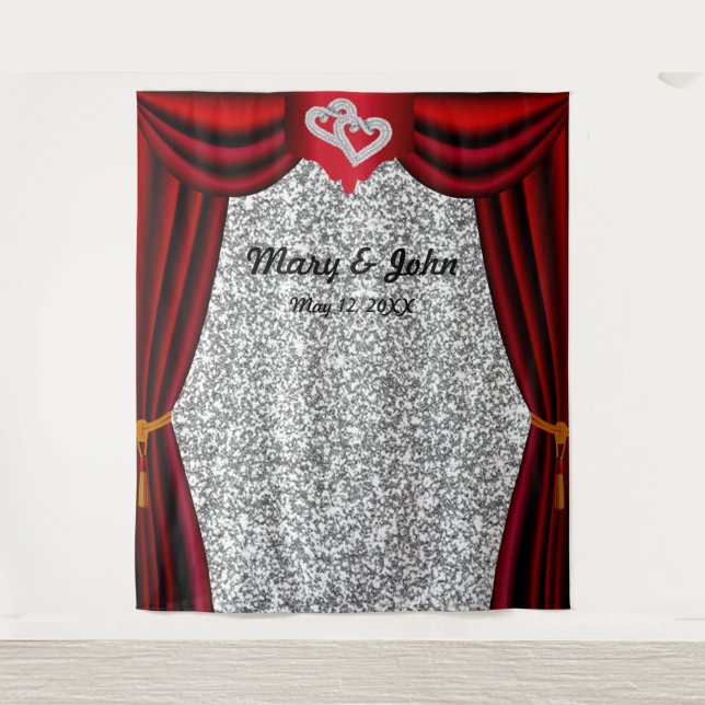 Silver Glitter Diamond Hearts Red Curtain Backdrop Tapestry (Front)