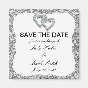 Silver Glitter Diamond Hearts Save The Date Magnet