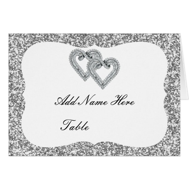 Silver Glitter Diamond Hearts Table Place Card (Front Horizontal)