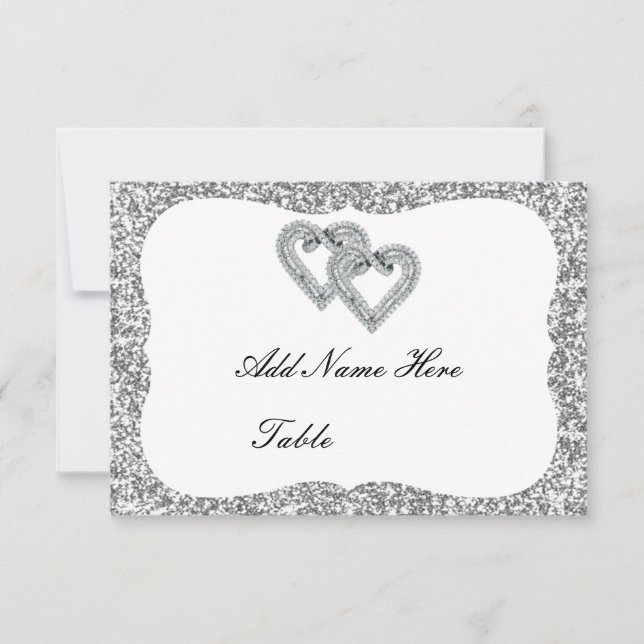 Silver Glitter Diamond Hearts Table Place Card (Front)