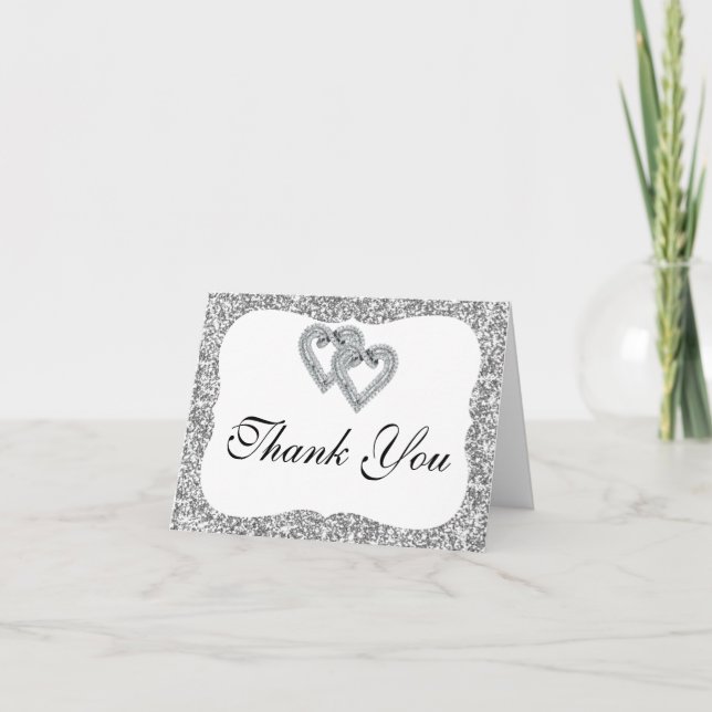 Silver Glitter Diamond Hearts Thank You Card (Front)