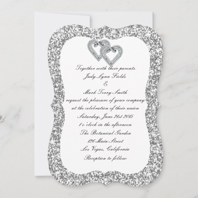 Silver Glitter Diamond Hearts Wedding Invitation (Front)