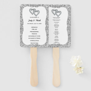 Silver Glitter Diamond Hearts Wedding Program Fans