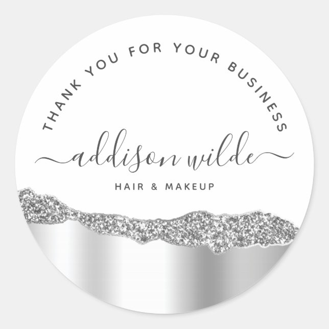 Silver Glitter Diamonds Business Thank You Classic Round Sticker (Front)