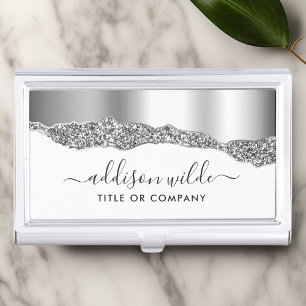 Silver Glitter Diamonds Glam Professional Business Card Holder