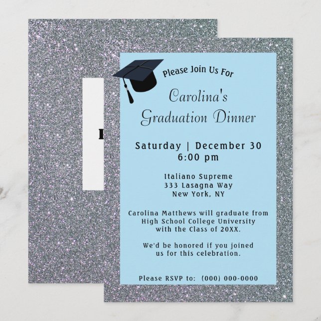 Silver Glitter Dinner Light Blue Graduation Invitation (Front/Back)