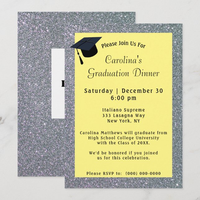 Silver Glitter Dinner Yellow Graduation Invitation (Front/Back)