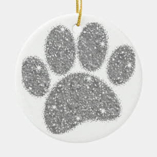 Silver Glitter Dog Pawprint Ceramic Tree Decoration