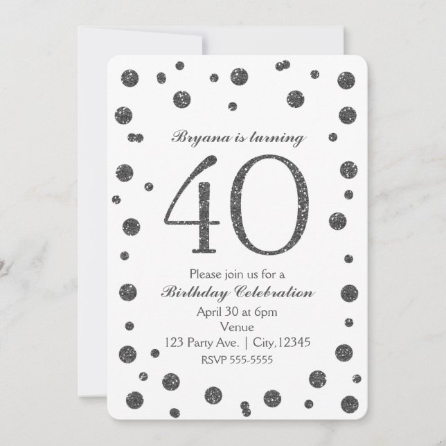Silver Glitter Dots 40th 40 Birthday Party Invitation (Front)