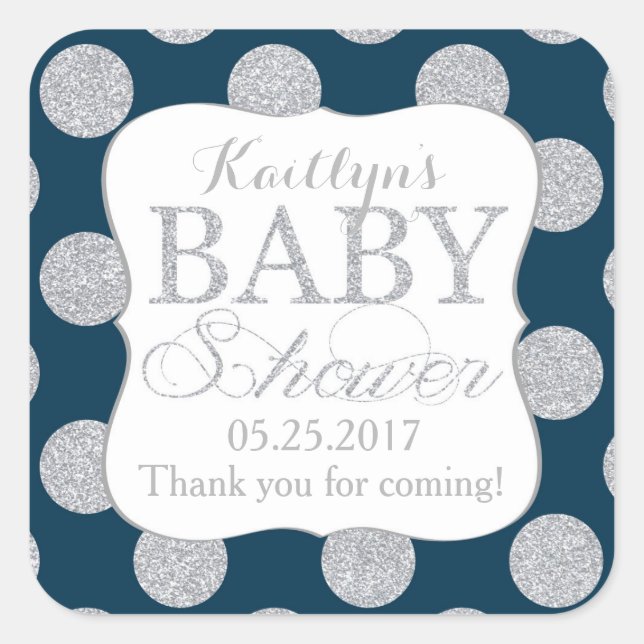 Silver Glitter Dots Navy Blue Baby Shower Label (Front)