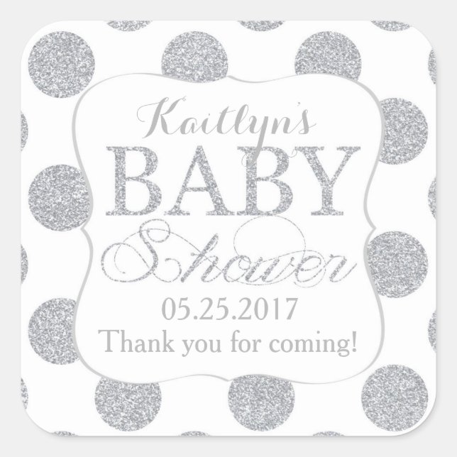 Silver Glitter Dots White Baby Shower Label (Front)