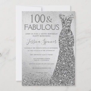 Silver Glitter Dress 100 & fabulous 100th Birthday Invitation