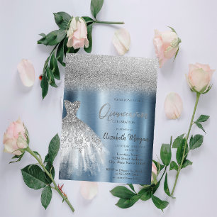 Silver Glitter Dress Blue Metallic Quinceañera Invitation