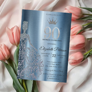 Silver Glitter Dress, Diamonds Blue 90th Birthday Invitation