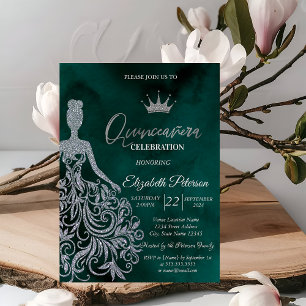 Silver Glitter Dress,Diamonds Green Sweet 15 In Invitation