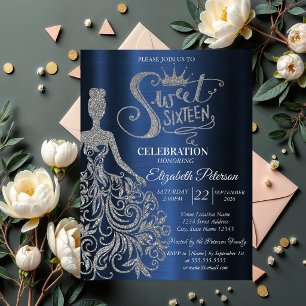Silver Glitter Dress,Diamonds Navy Blue Sweet 16  Invitation