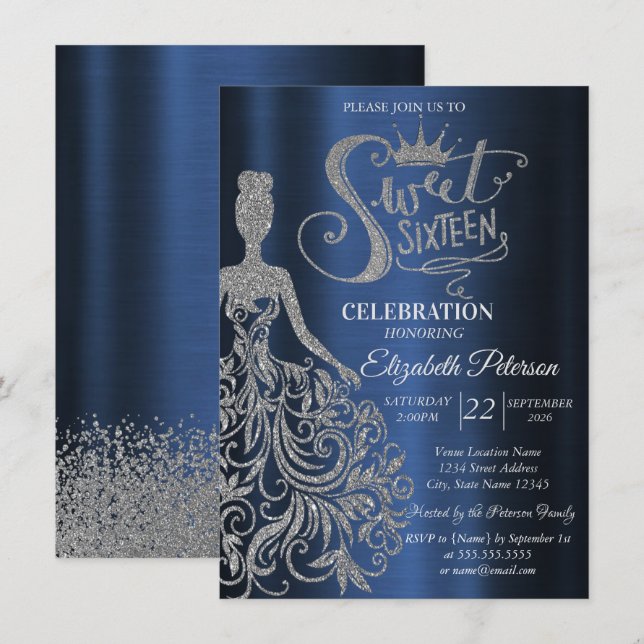 Silver Glitter Dress,Diamonds Navy Blue Sweet 16  Invitation (Front/Back)