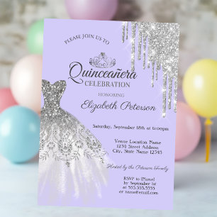 Silver Glitter Dress,Drips  Purple Quinceañera  Invitation