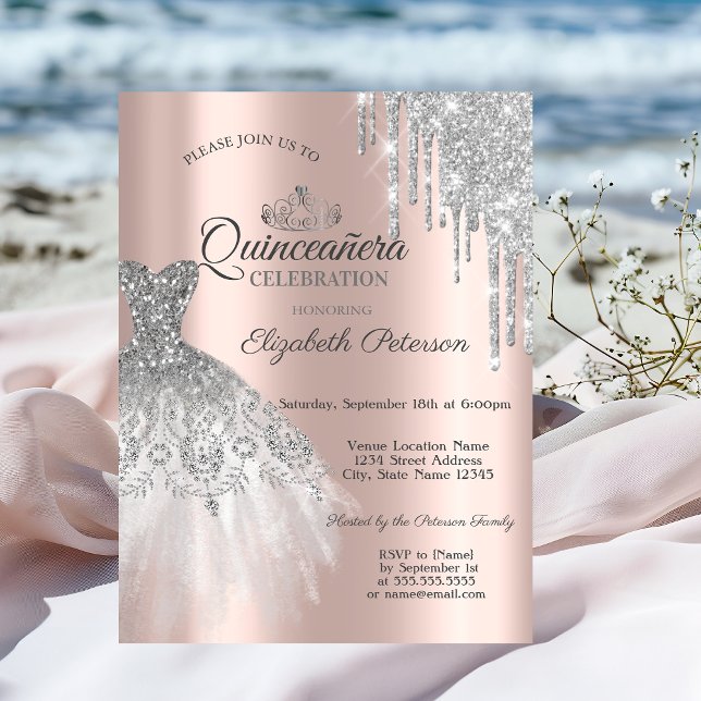 Silver Glitter Dress,Drips Rose Gold Quinceañera Invitation (Creator Uploaded)