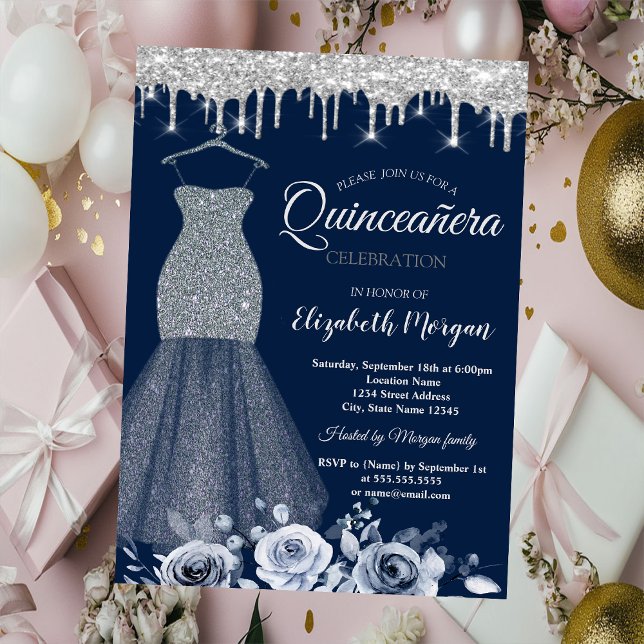 Silver Glitter Dress, Drips Roses Quinceañera Invitation (Creator Uploaded)