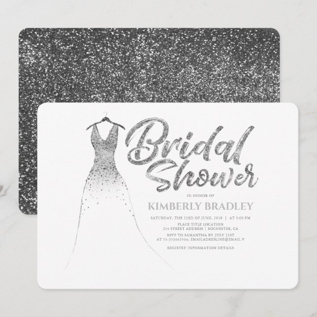 Silver Glitter Dress Elegant White Bridal Shower Invitation (Front/Back)