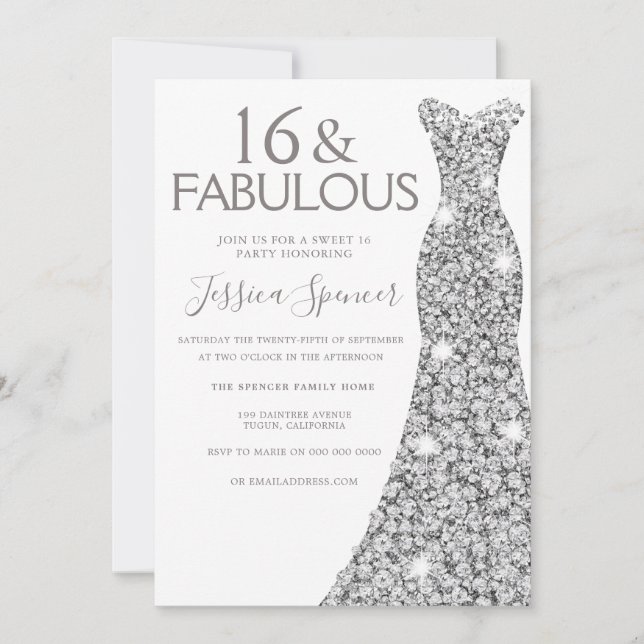 Silver Glitter Dress Fabulous Sweet 16 Party Invitation (Front)