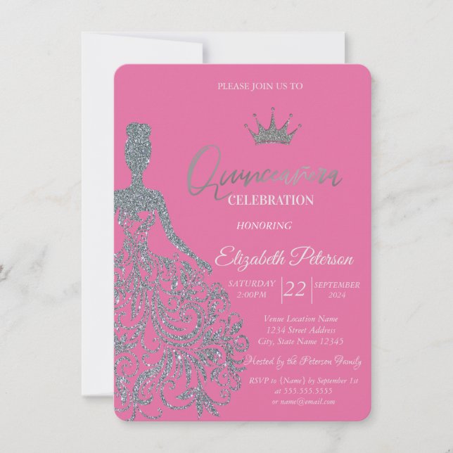 Silver Glitter Dress Girl Chic Fuschia  Invitation (Front)